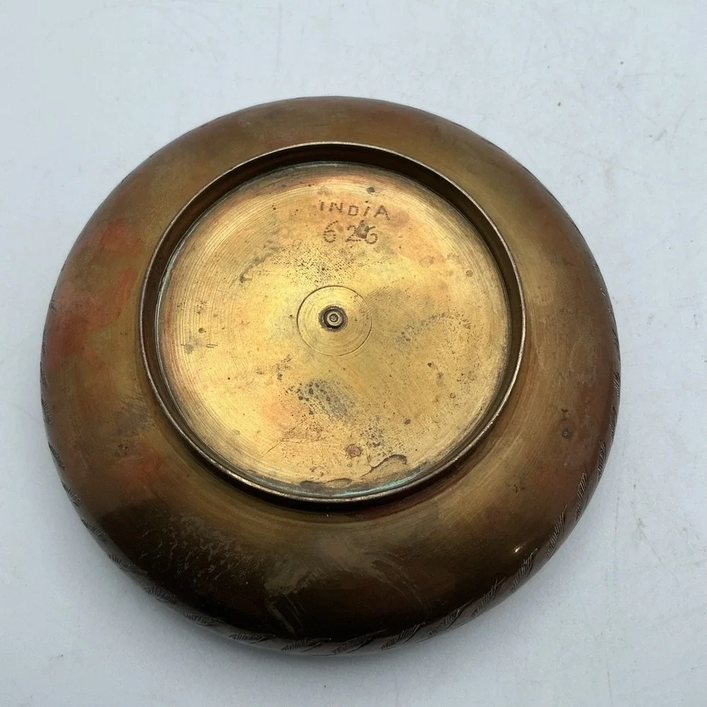 Vintage Brass Bowl w/Wire Grid Cover & Wood Spheres,‎ India, Etched Leaves